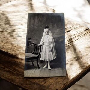 Antique Vtg Cabinet Card RPPC Young Girl Communion C1900 AZO White Dress Veil